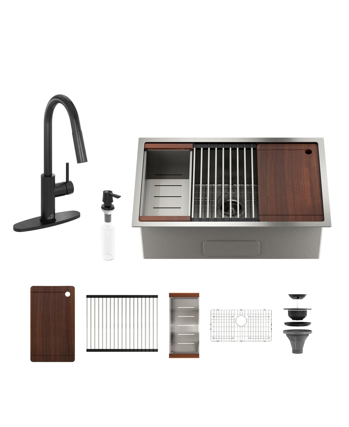 30'' Stainless Steel Kitchen Sink Faucet Set, Kitchen Sink and Pull-Down Kitchen Faucet with Cutting Board, Roller Blind, Drain Basket, Drain Grid and