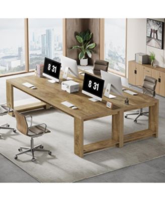 2 Person Desk, 86.6 Inches Extra Long Desk, Double Computer Writing Table, All Wood Large Desks Workstation for Home Office, Natural Oak
