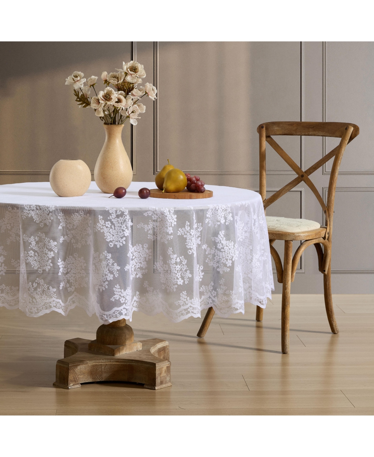 Jolene Floral Lace Fabric Tablecloth, Lace Fabric Table Cloth Round Tables, Wrinkle Resistant Tablecloth, Patterned Scalloped Tablecloth - Whit