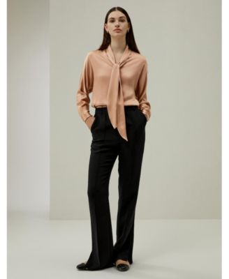 Women's Bat Sleeve Silk Top with Adjustable Neck Tie