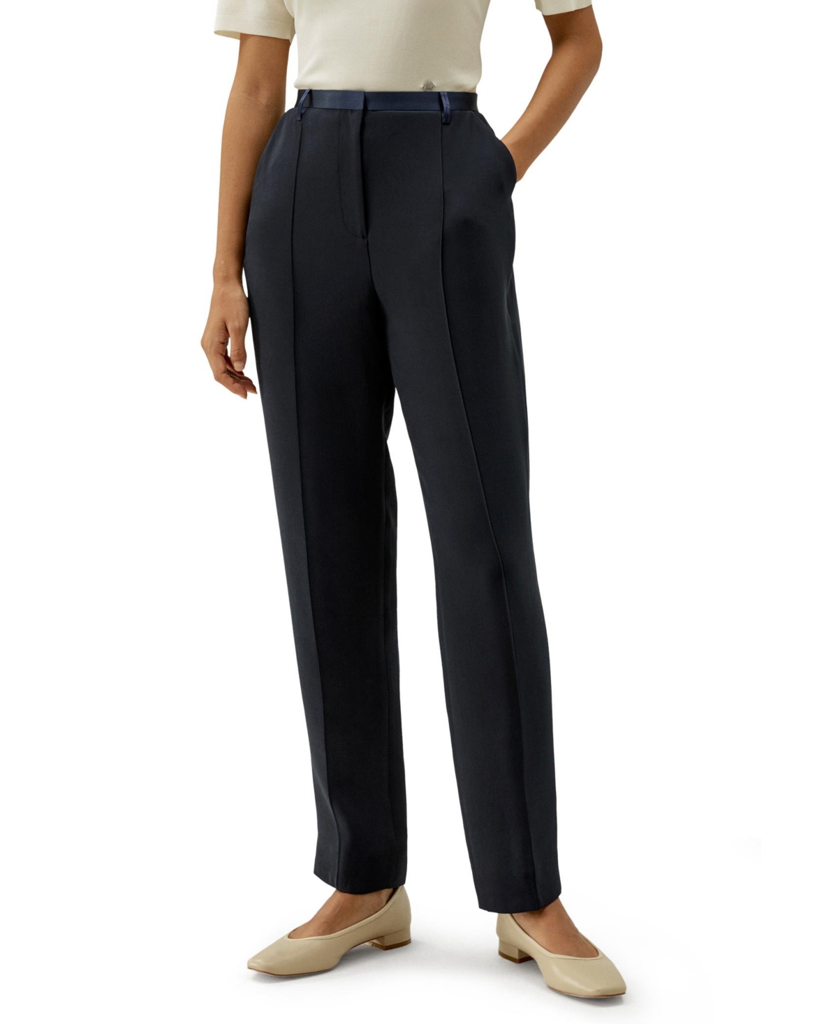 Sophisticated Slim-Fit Adjustable Silk Ankle Pants for Women - Midnight blue