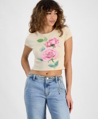 GUESS - Women's Vintage Rose Ribbed Graphic T-Shirt