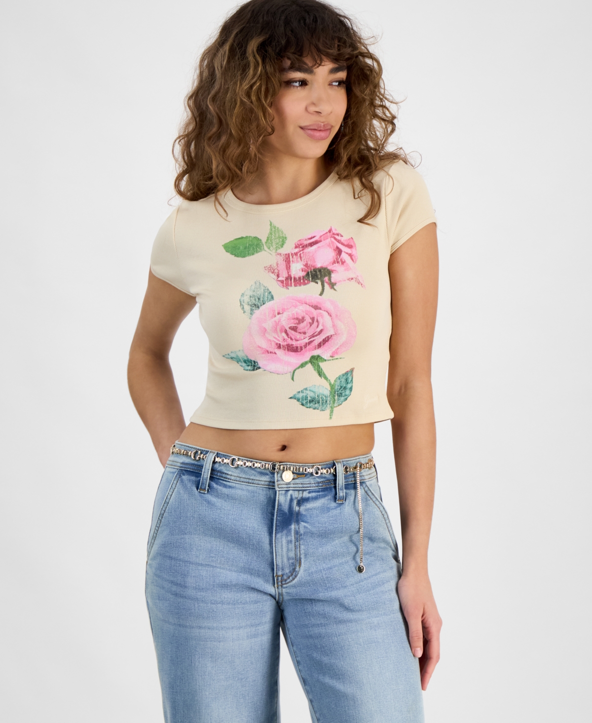 Women's Vintage Rose Ribbed Graphic T-Shirt - Slightly Peach Multi
