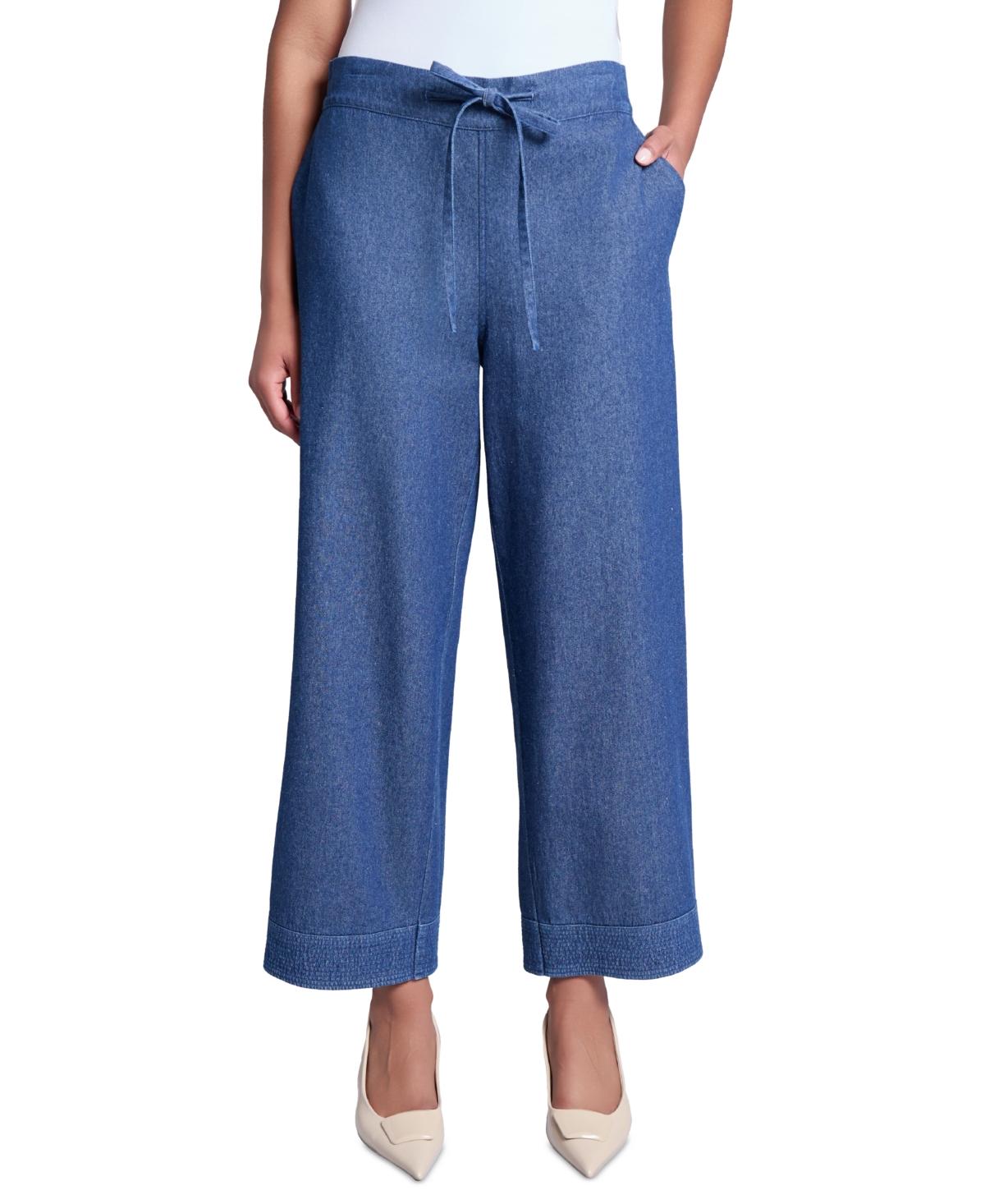 Women's Cotton Wide-Leg Chambray Pants - Dark Wash
