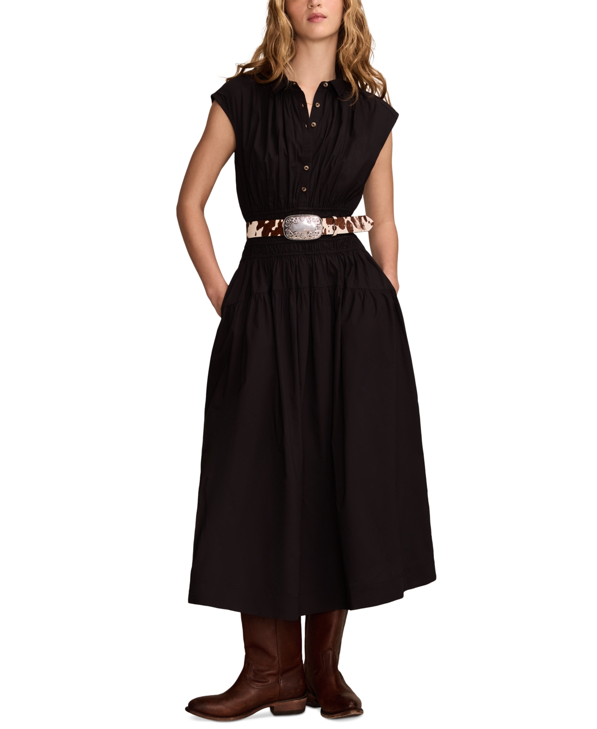 Shop Lucky Brand Women's Solid Smocked Dropped-waist Midi Dress In Caviar