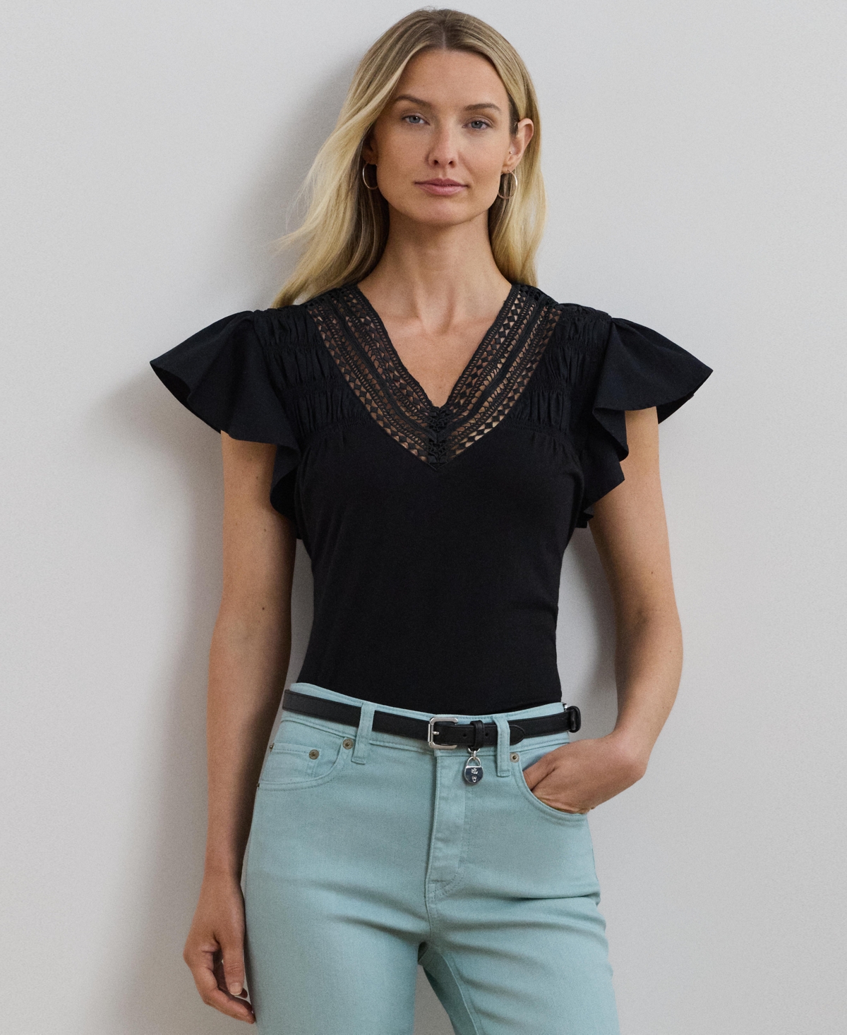 Shop Ralph Lauren Women's Lace-trim Jersey Flutter-sleeve Tee In Black