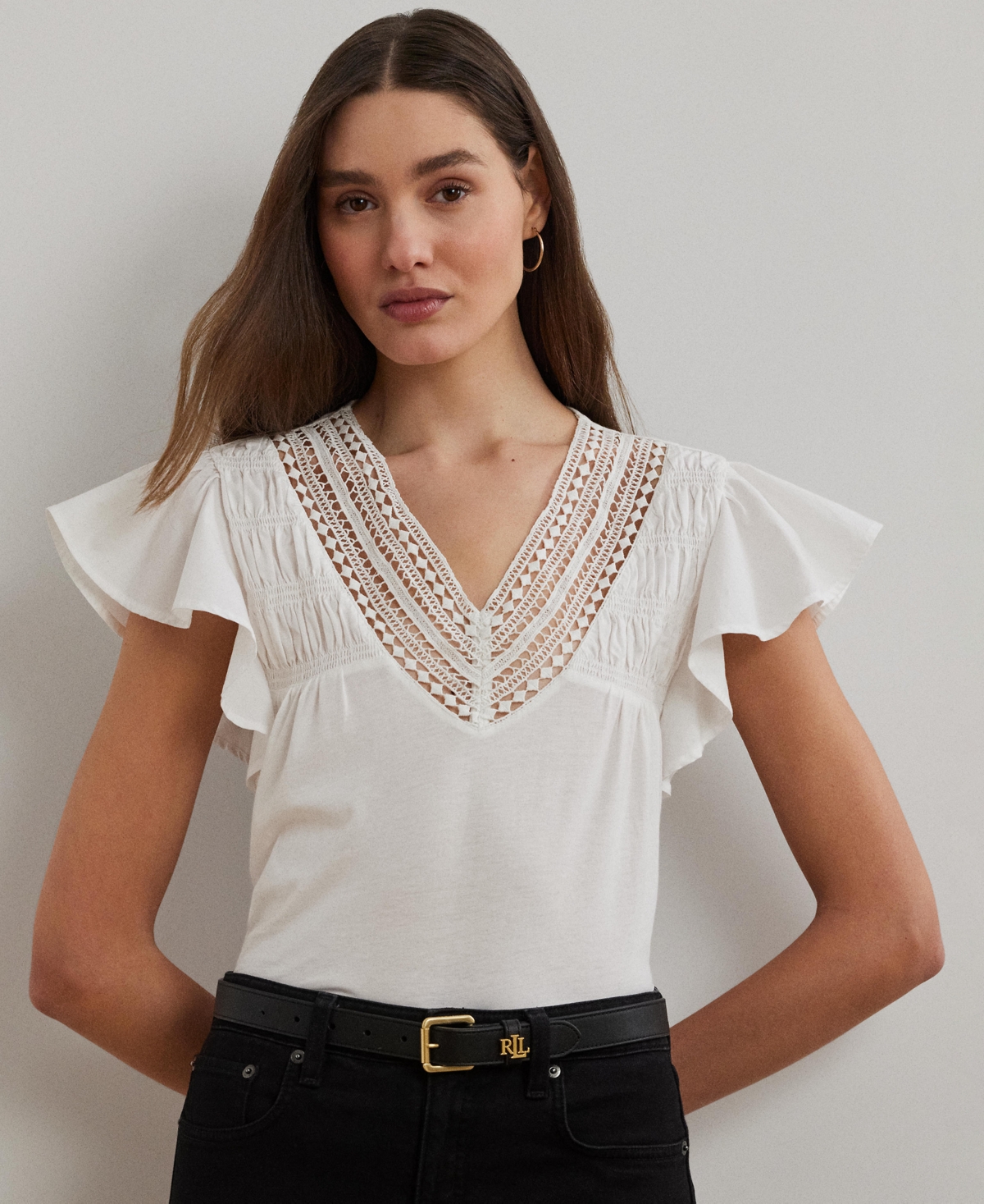 Shop Ralph Lauren Women's Lace-trim Jersey Flutter-sleeve Tee In White