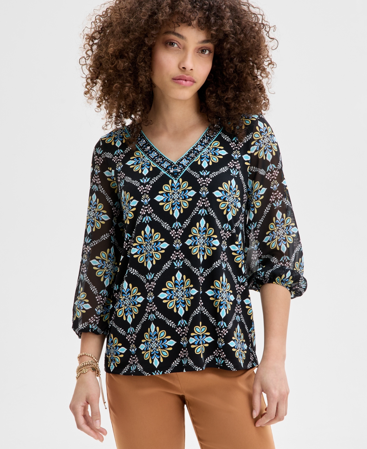 JM COLLECTION PETITE ARTISAN MEDALLION-PRINT EMBELLISHED TOP, EXCLUSIVELY AT MACY'S 