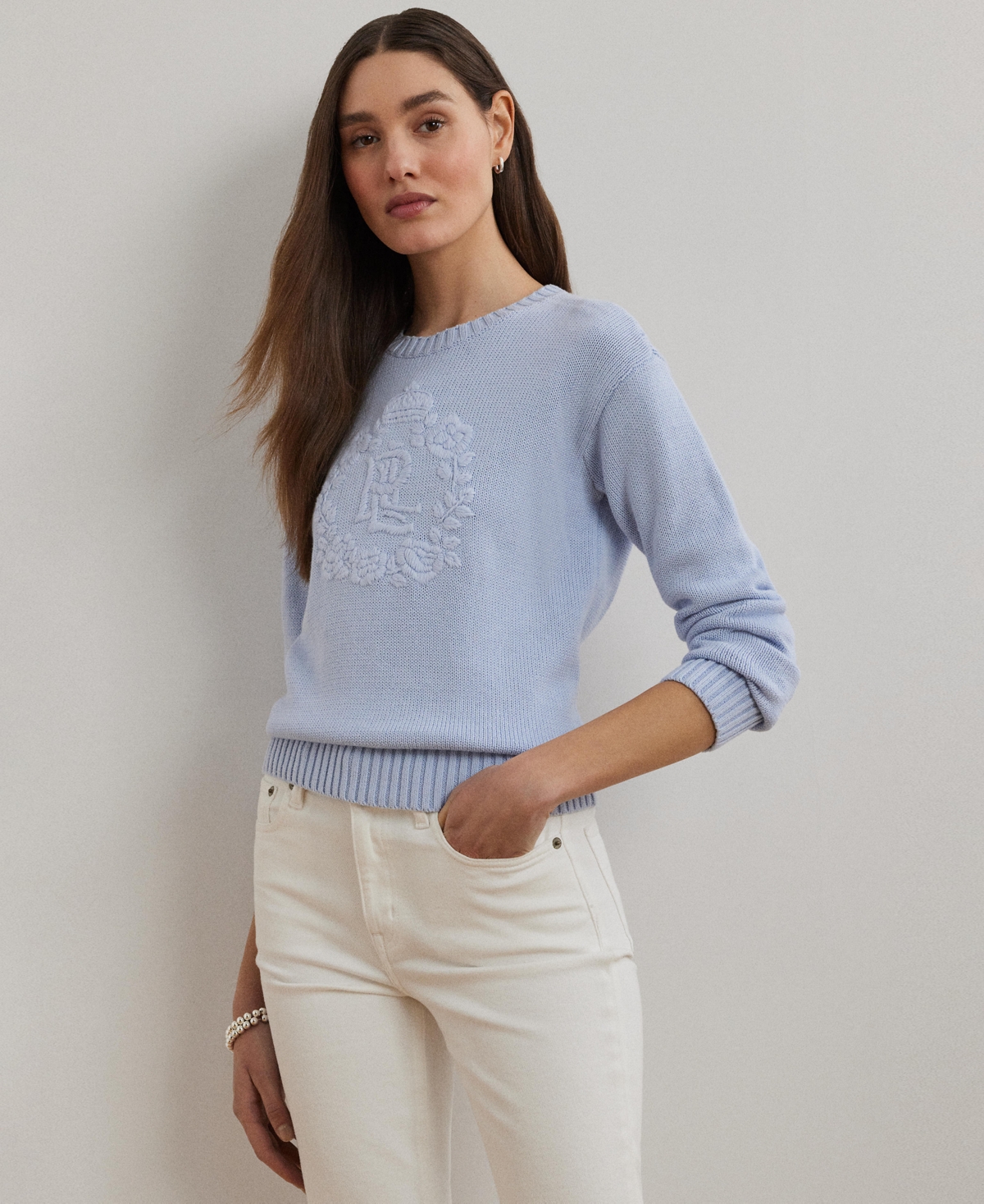 Women's Floral-Logo Combed Cotton Sweater, Regular & Petite - Cornflower Blue