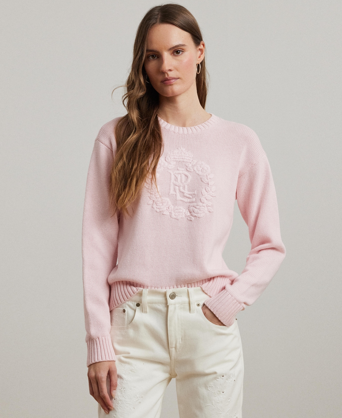 Shop Ralph Lauren Women's Floral-logo Combed Cotton Sweater, Regular & Petite In Hint Of Pink