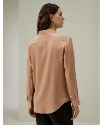 Women's Minimalist Placket Silk Blouse with Shell Buttons