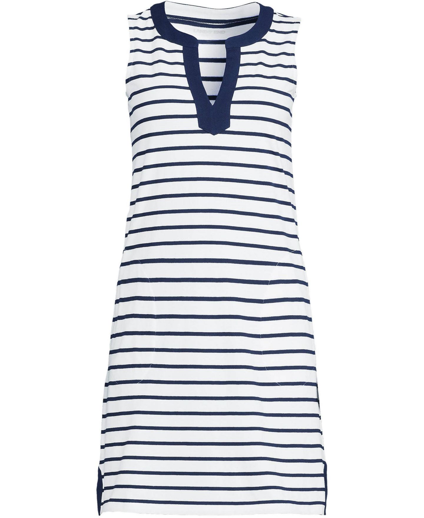 Женское платье Lands' End Tall Cotton Jersey Notch Neck, цвет: Тёмно-синий / Белый полосатый — фото 3