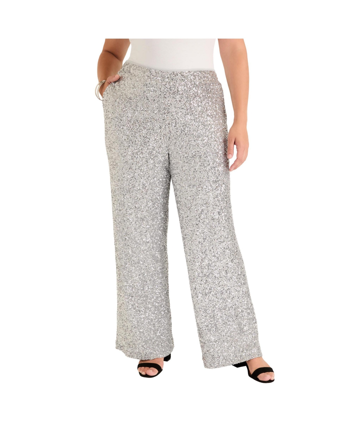 Plus Size June + Vie Curvie Fit Sequin Wide-Leg Pants - Silver