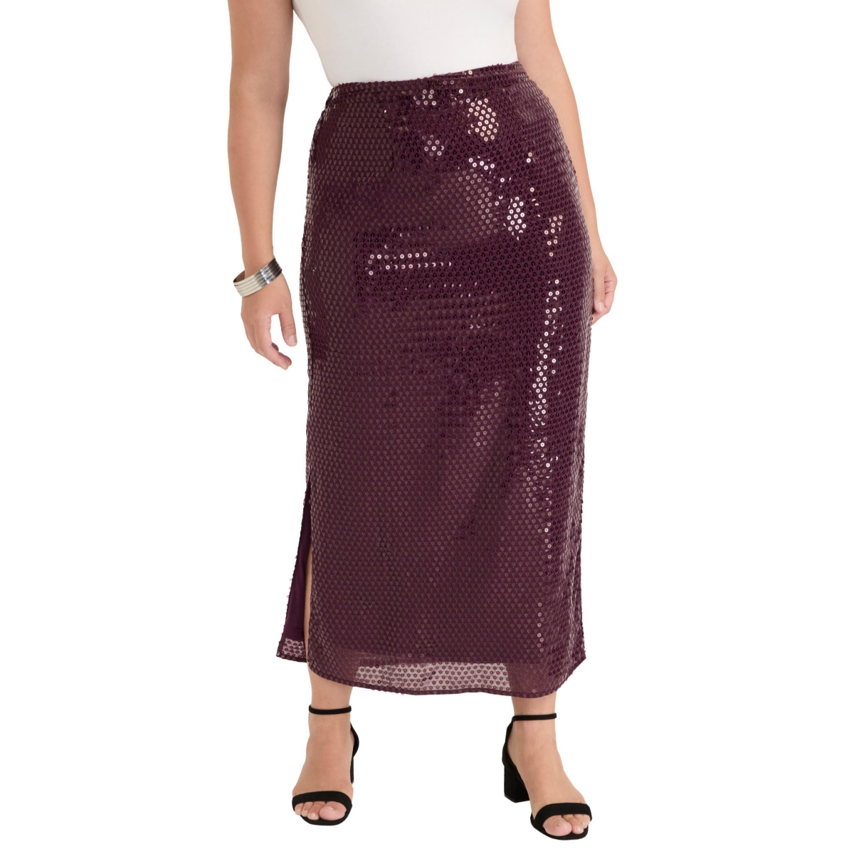 Plus Size June + Vie Sequined Midi Skirt - Dark purple