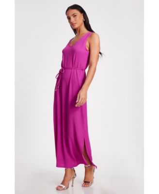 Women's V Neck Maxi Dress With Tie Belt Detail