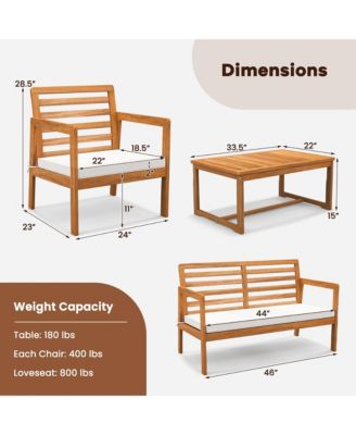 4 PCS Wood Patio Furniture Set w/ Soft Seat Cushions Solid Acacia Wood Frame