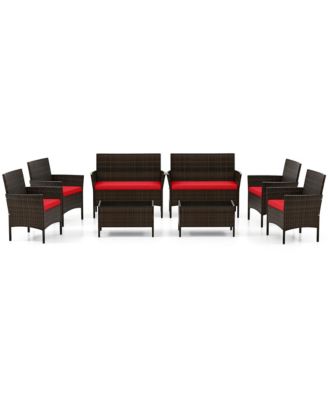 8 PCS Patio Furniture Set w/Washable Cushions & Tempered Glass Coffee Table