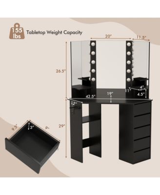 Corner Vanity Desk Cosmetic Vanity Station with LED Mirror,& Power Outlets
