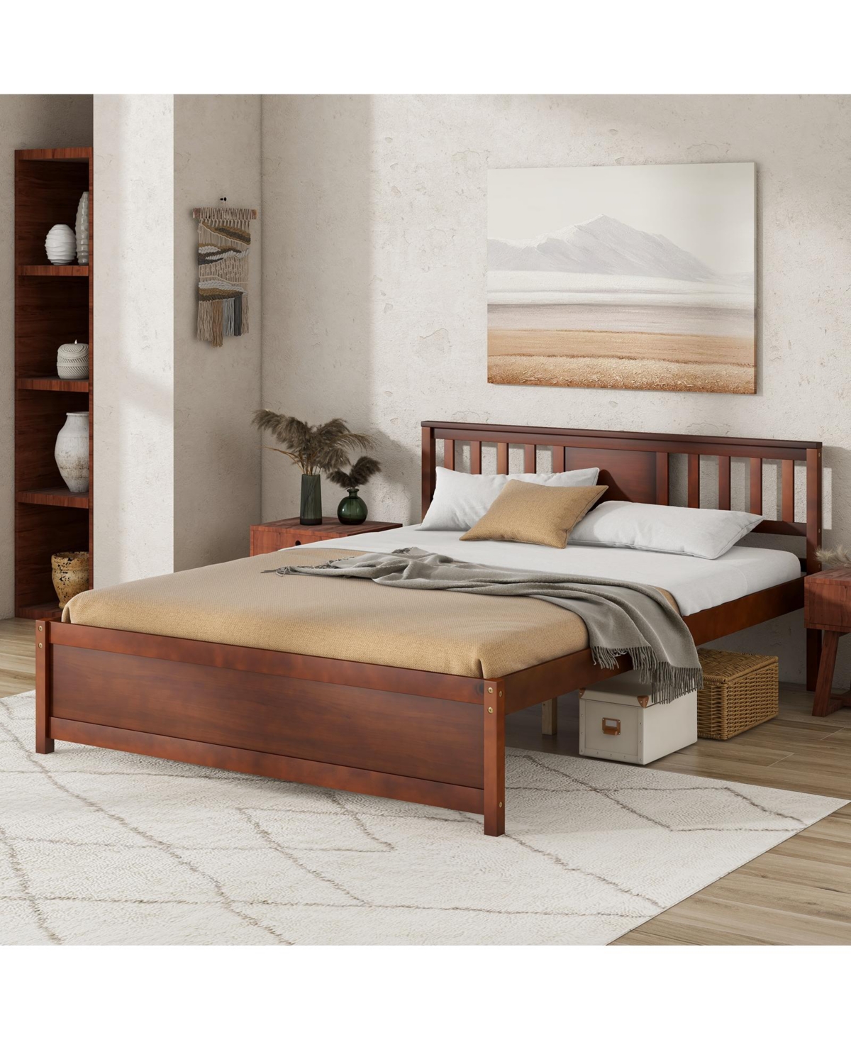 Wooden Platform Bed with Headboard and Slat Support