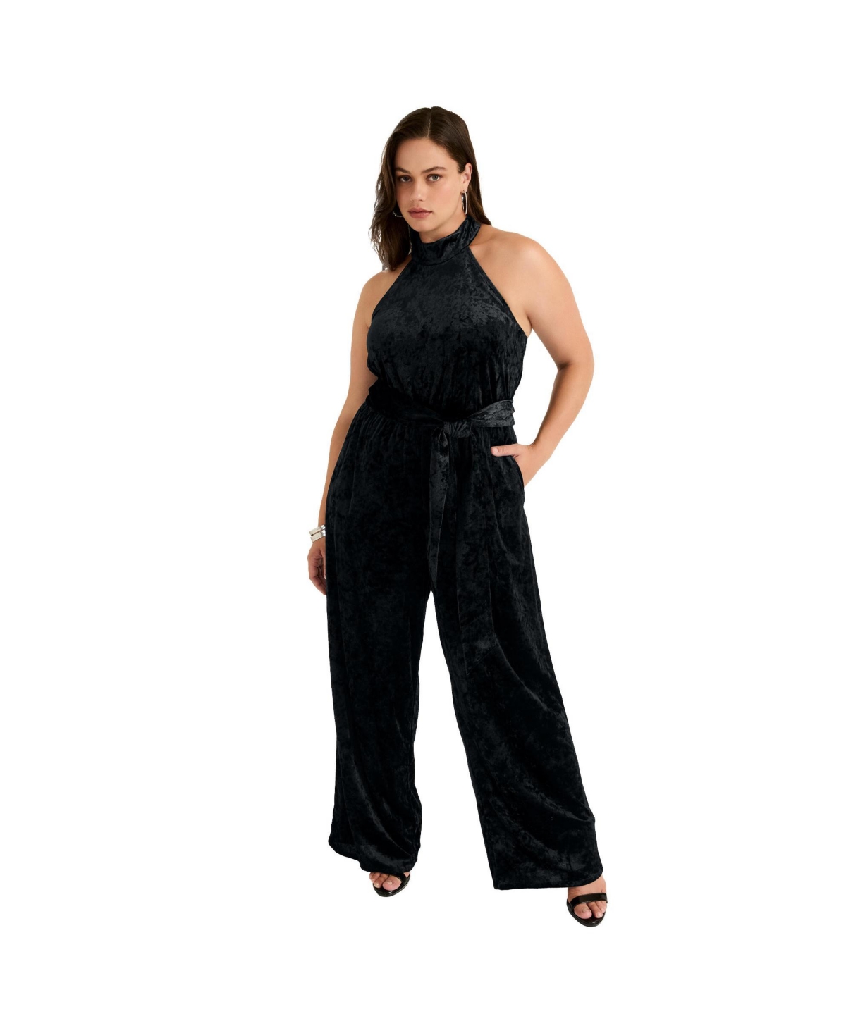 Plus Size June + Vie Crushed Velvet Halterneck Jumpsuit - Black onyx