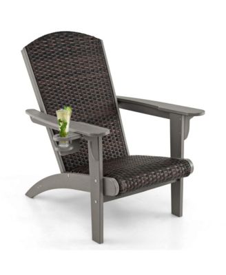 Patio Adirondack Chair with Rattan Padded Seat Wide Armrests & Hidden Cupholder