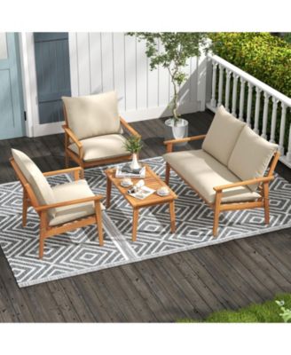 4 Pieces Outdoor Acacia Wood Conversation Set with Soft Cushions and Coffee Table-White