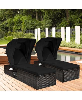 2PCS Patio Rattan Lounge Chair Chaise Cushion Canopy Adjustable Tea Table
