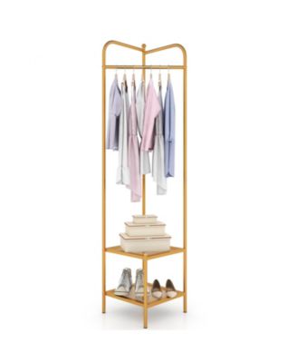 Corner Coat Rack with Top Hanger and 2 Mesh Shelves for Entryway, Hallway, Living Room, or Bedroom Storage