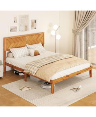 Bed Frame with Built-In Headboard and Storage Compartments