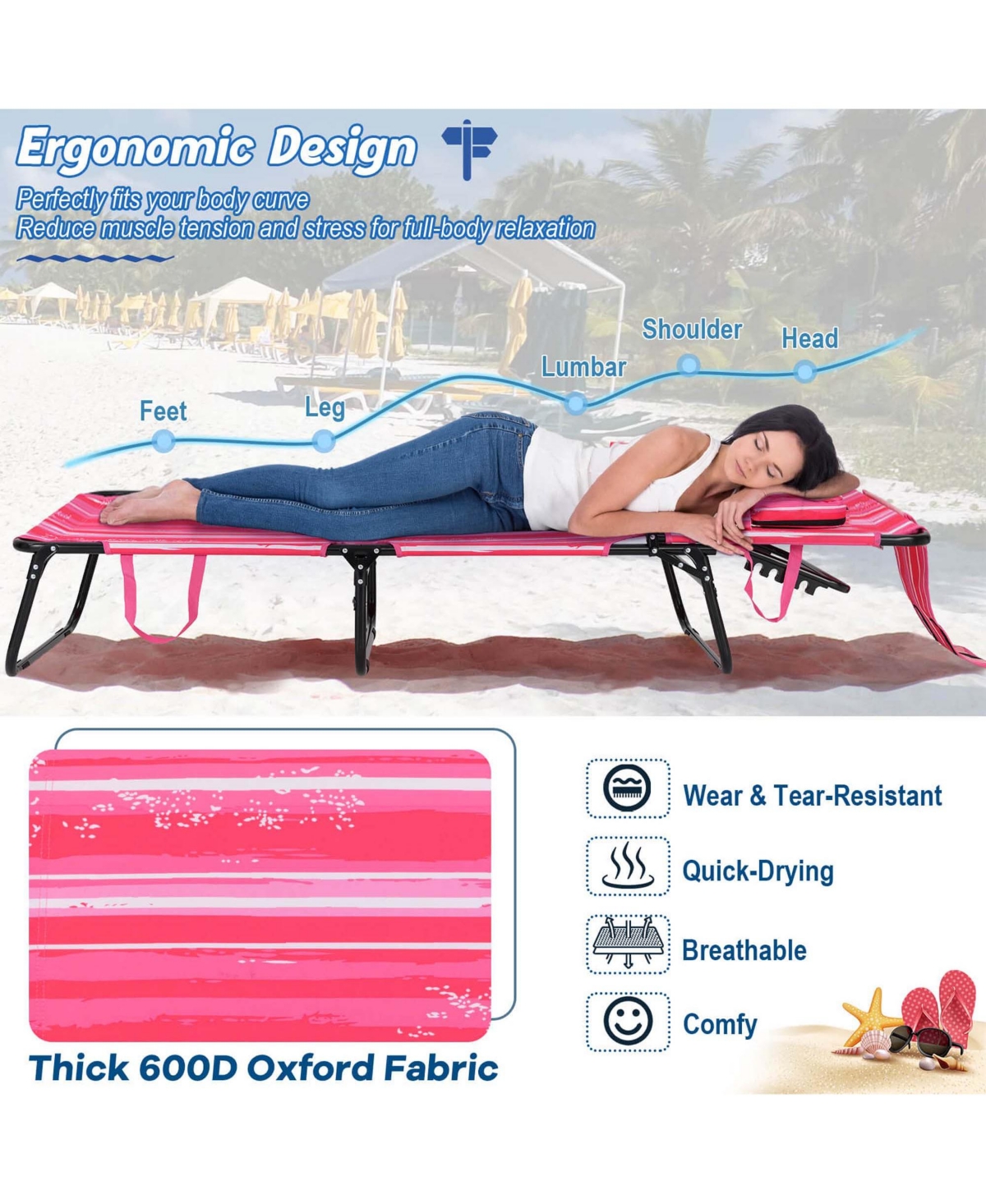 Beach Chaise Lounge Chair with Face Hole Pillows & 5-Position Adjustable Backrest