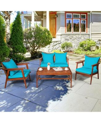 4 Pieces Acacia Wood Patio Rattan Furniture Set with Zippered Cushions