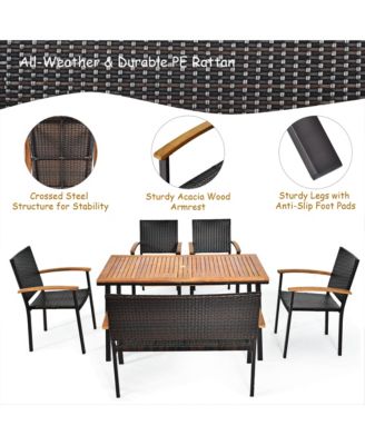 6PCS Rattan Outdoor Dining Set Patio Furniture Set w/ Wooden Tabletop
