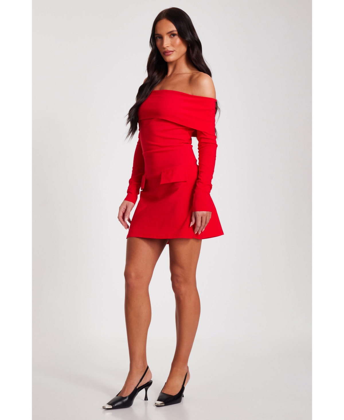Women's Bengaline Bardot Long Sleeve Mini Dress - Red