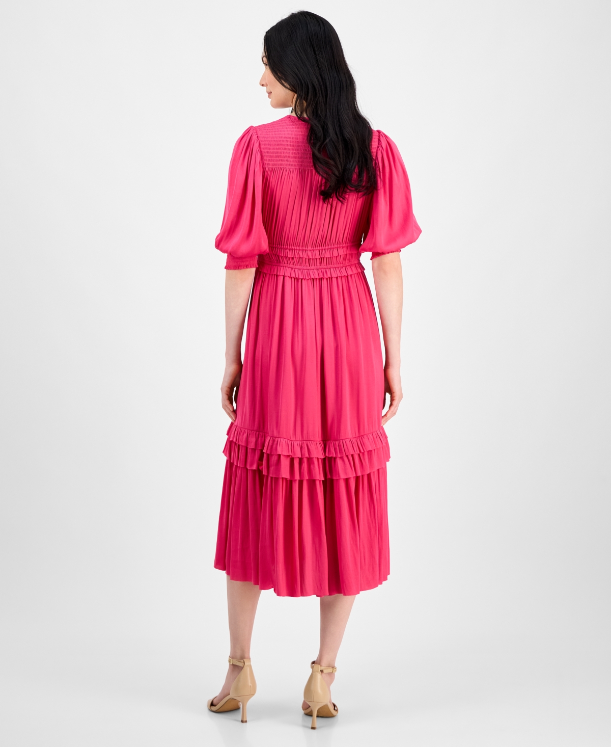 T Tahari Women's V-neck Smocked-waist Tiered Dress In Tulip Pink