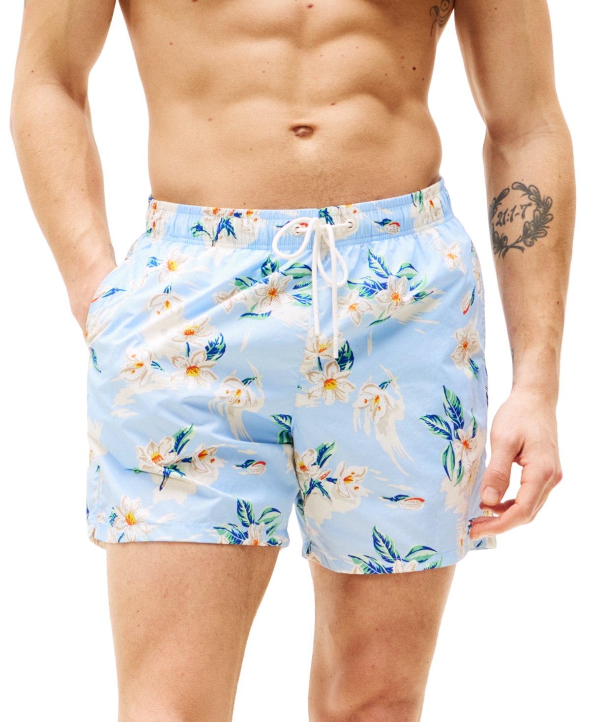 Tommy Hilfiger Men's Print Drawstring 5" Swim Trunks In Tropical Floral Sweet Blue