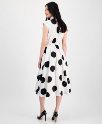 Women's Dot-Print Belted Fit & Flare Dress