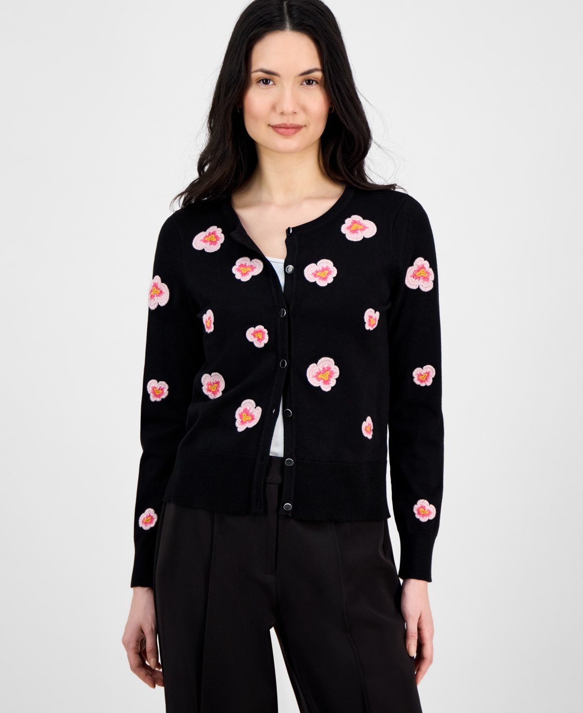 T Tahari Women's Floral-embroidered Button-front Cardigan In Black With Pink Flowers