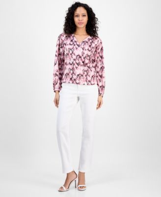 Women's Printed Long-Sleeve V-Neck Blouse