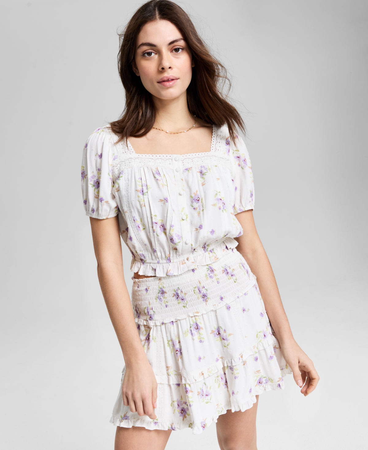 Women's Floral Print Button-Front Blouse, Exclusively at Macy's - Cream/purple Floral