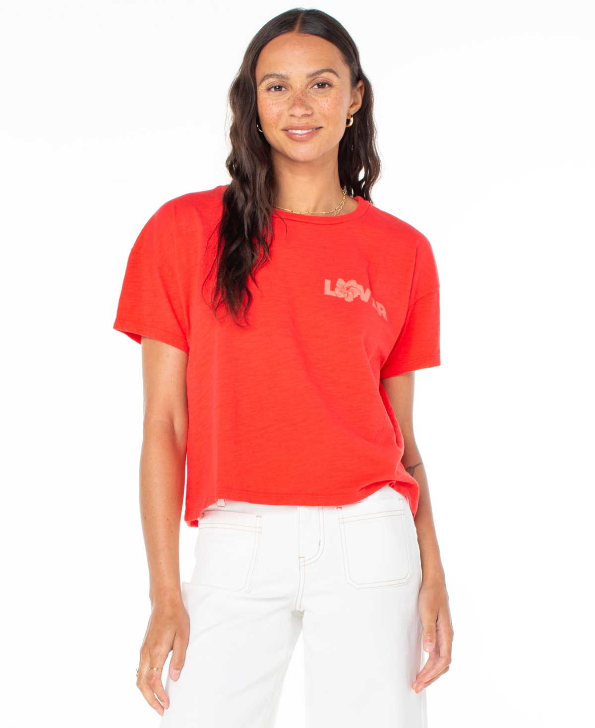 Juniors' Cotton Hibiscus Lover Crewneck Tee - Lollipop Hibiscus Lover