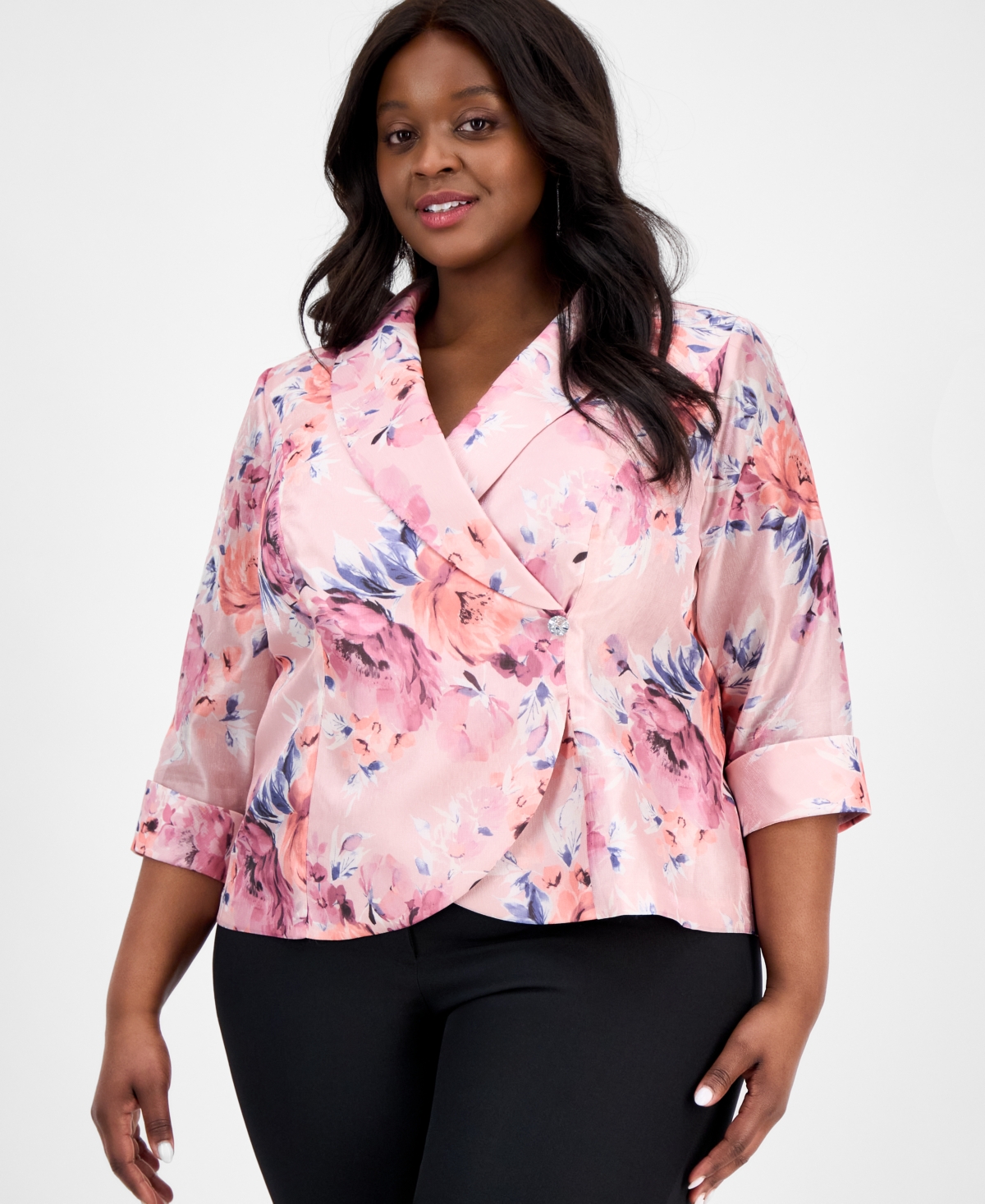 Alex Evenings Plus Size Printed 3/4-sleeve Top In Blush Multi