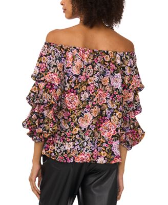 Women's Floral Off-The-Shoulder Bubble 3/4-Sleeve Tie-Front Blouse