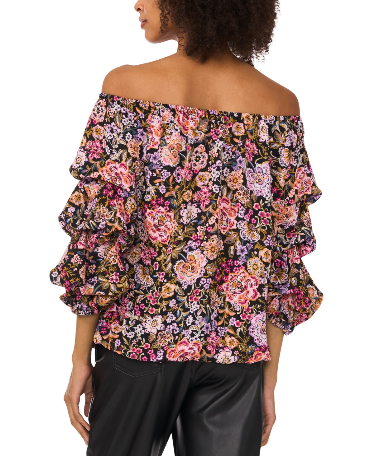 Vince Camuto Floral Off The Shoulder Bubble Sleeve Top In Rich Black