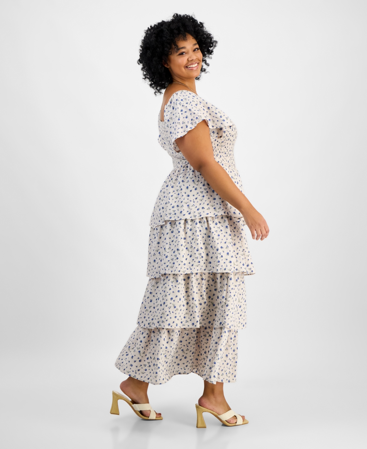 And Now This Trendy Plus Size Tiered Floral Maxi Dress, Exclusively At Macy's In Cream Blue Floral