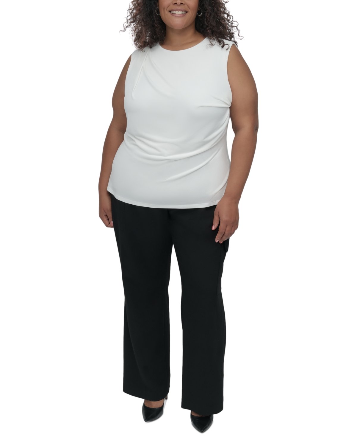 Dkny Plus Size Gathered Zip-shoulder Sleeveless Blouse In Ivory