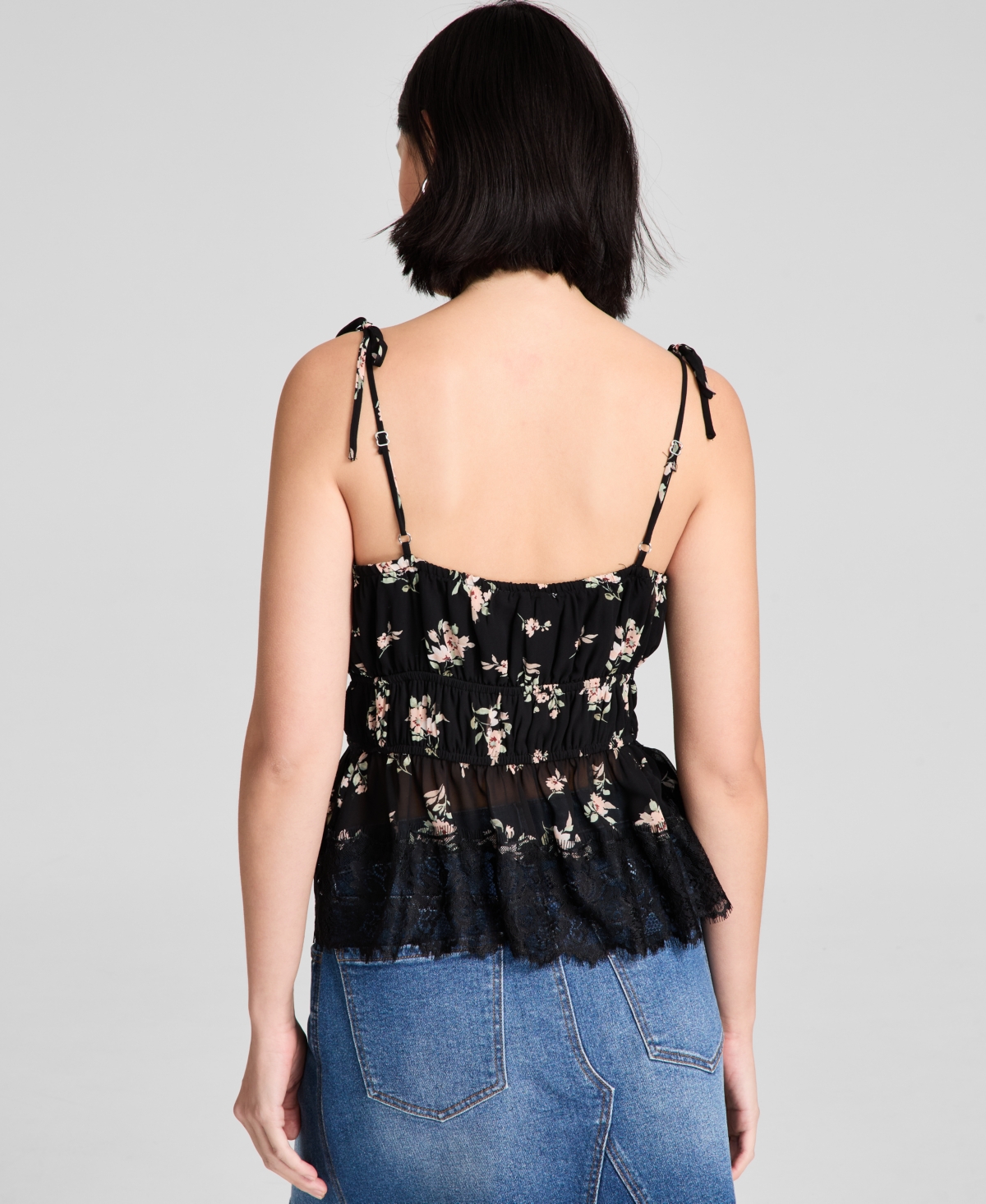 And Now This Women's Lace-trim Floral Print Sleeveless Top, Exclusively At Macy's In Black,peach Floral