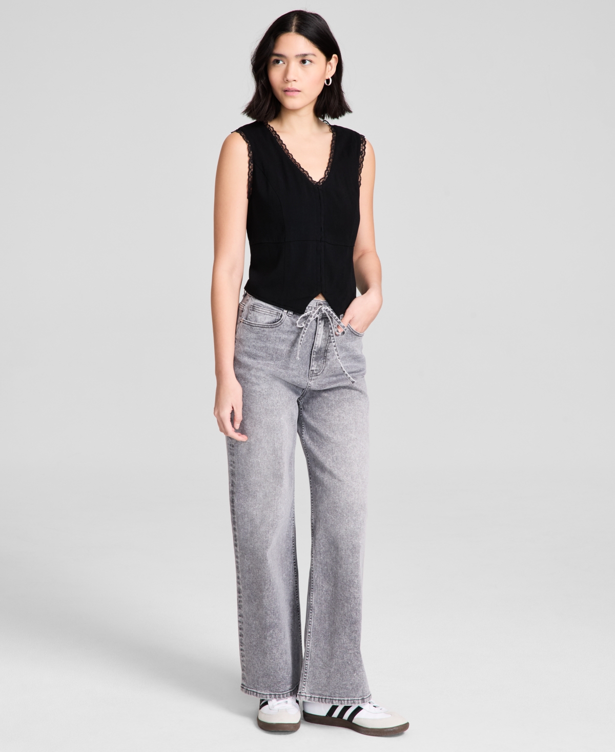 And Now This Women's Lace-trim V-neck Woven Vest, Regular & Petites, Exclusively At Macy's In Black
