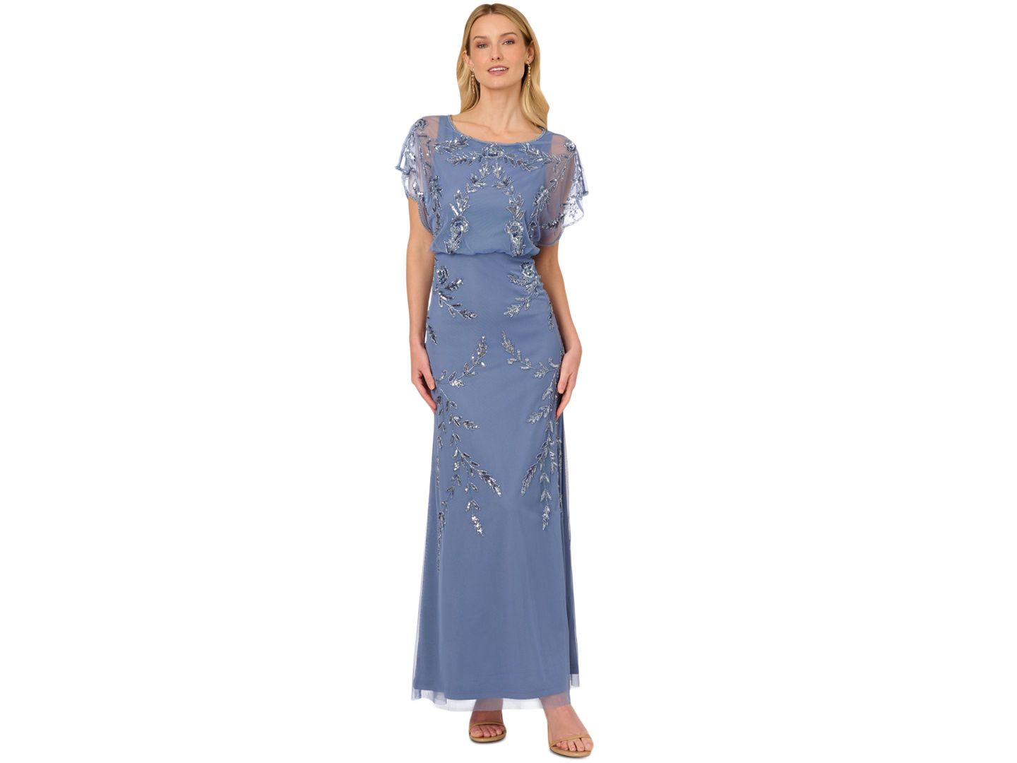 Женские платья Adrianna Papell Beaded Flutter-Sleeve Blouson Gown, цвет: Синий — фото 2