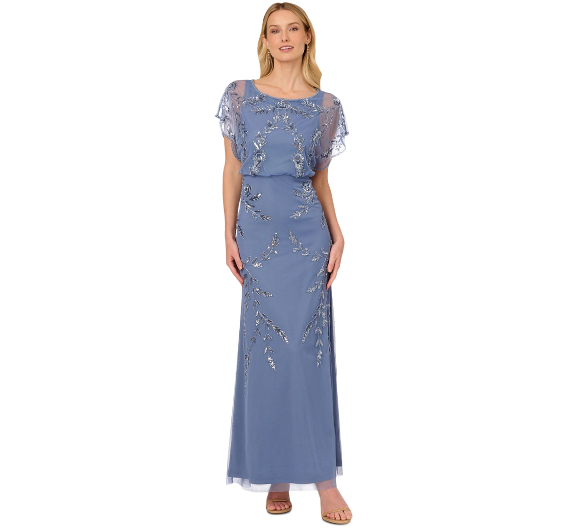 Shop Adrianna Papell Papell Studio Women's Beaded Flutter-sleeve Blouson Gown In French Blue