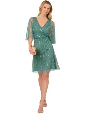 Adrianna Papell Women's Beaded Flutter-Sleeve A-Line Dress